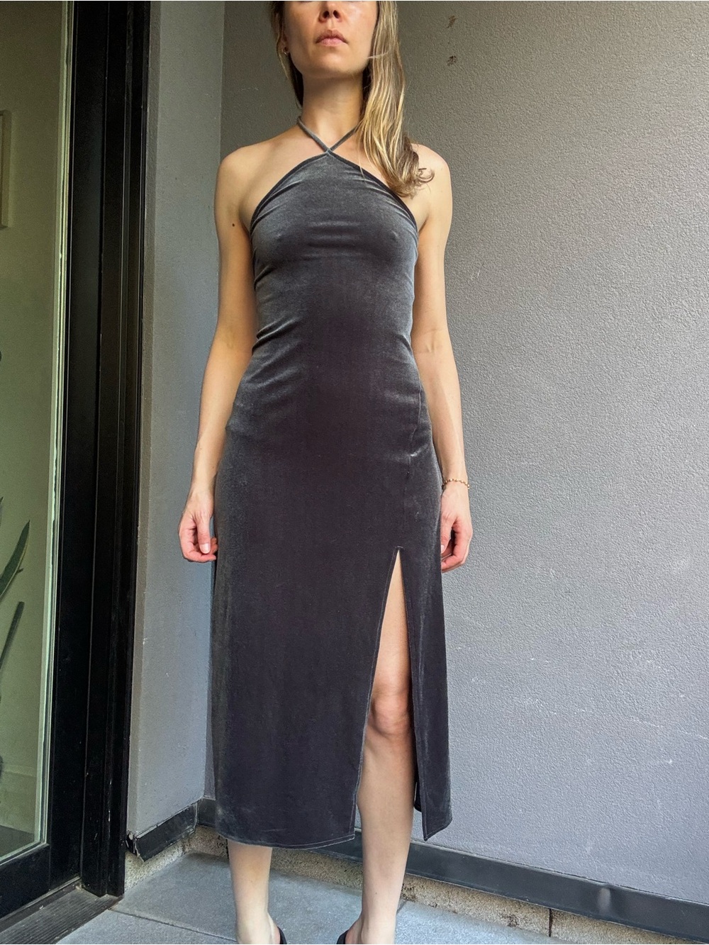 Banana Republic Charcoal Velvet Halter Midi Dress with Thigh Slit - Size XXS